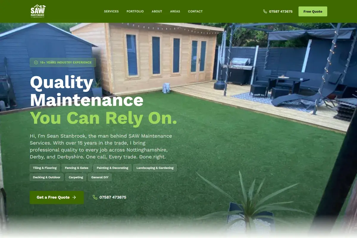 SAW Maintenance Services website homepage, property maintenance across Nottinghamshire