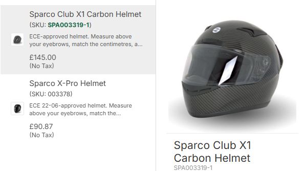 Real FP Product Search results: a matching Sparco part code alongside its helmet image and product preview
