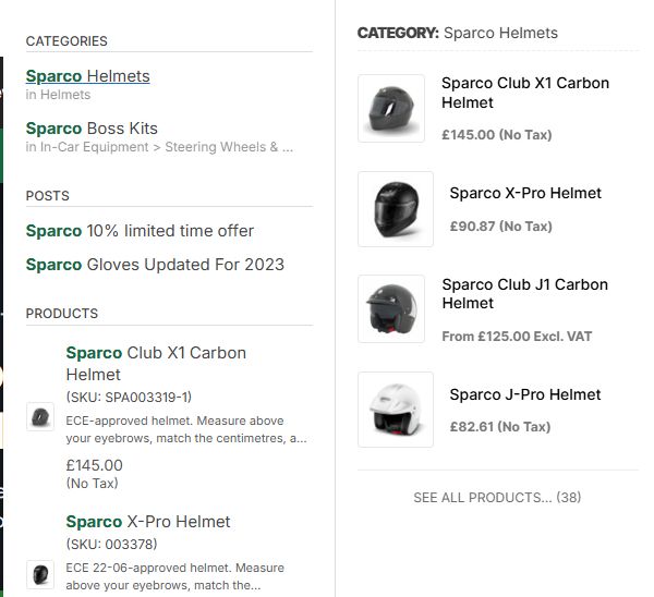 Actual GSM Performance search for Sparco, showing product suggestions, matching categories and helmet previews