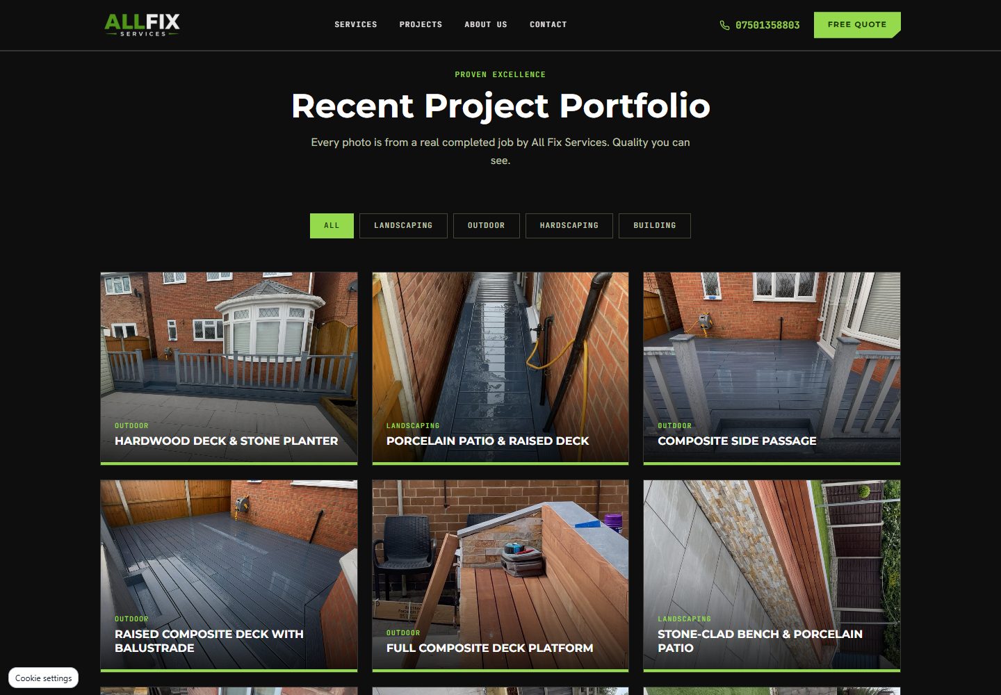 All Fix project gallery showing category filters and photographs of decking, patios and outdoor building work.