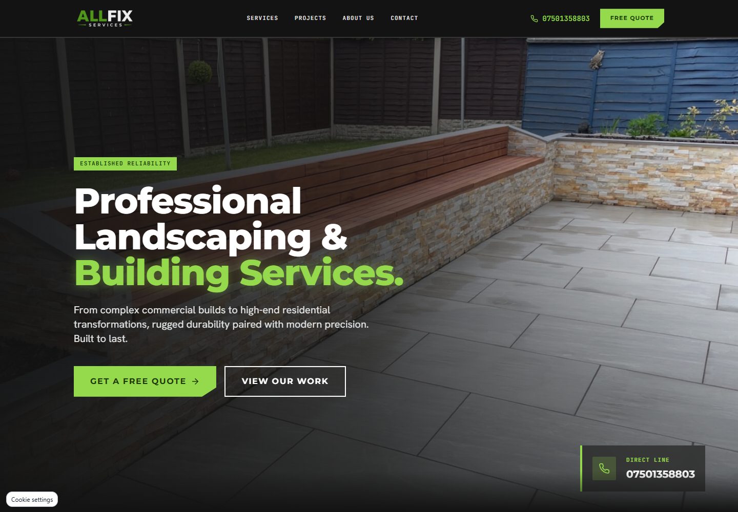 All Fix Services homepage with its black and lime design, landscaping photograph and quote and project-gallery links.