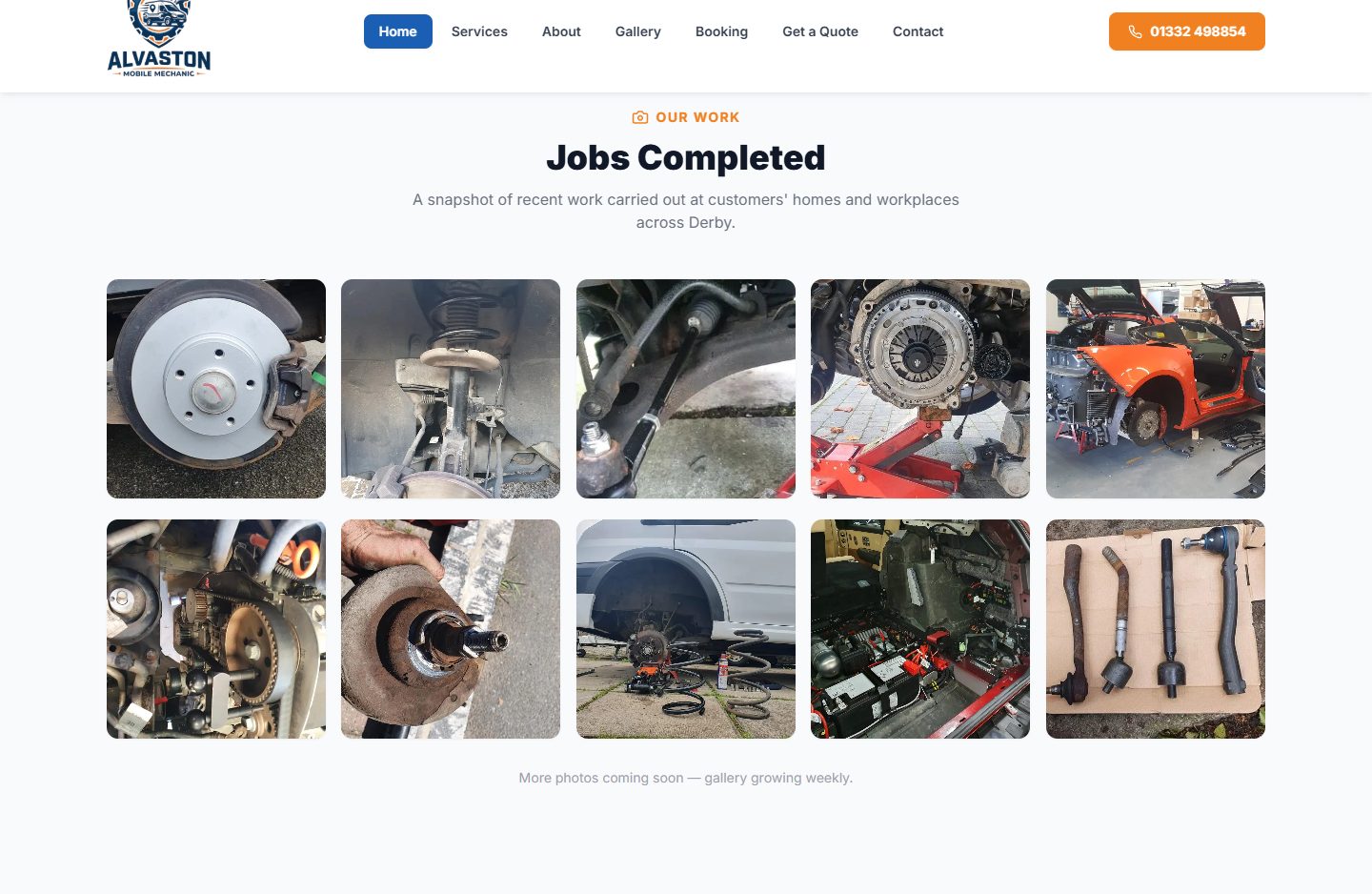Alvaston Mobile Mechanic’s public gallery showing brake, suspension and drivetrain work in a two-row photograph grid.