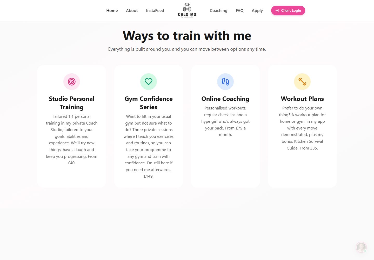 Four Chlo Mo coaching cards for studio personal training, the Gym Confidence Series, online coaching and workout plans.