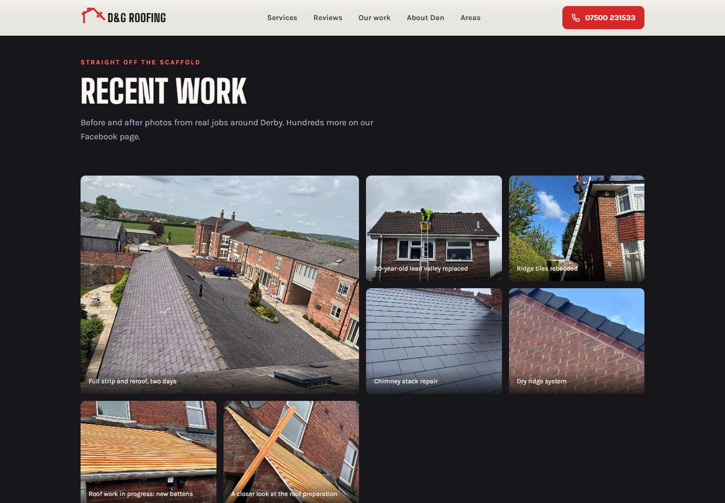 D&G Roofing’s recent-work gallery, with photographs of tiled roofs, a chimney and roof preparation beneath a black and red heading.