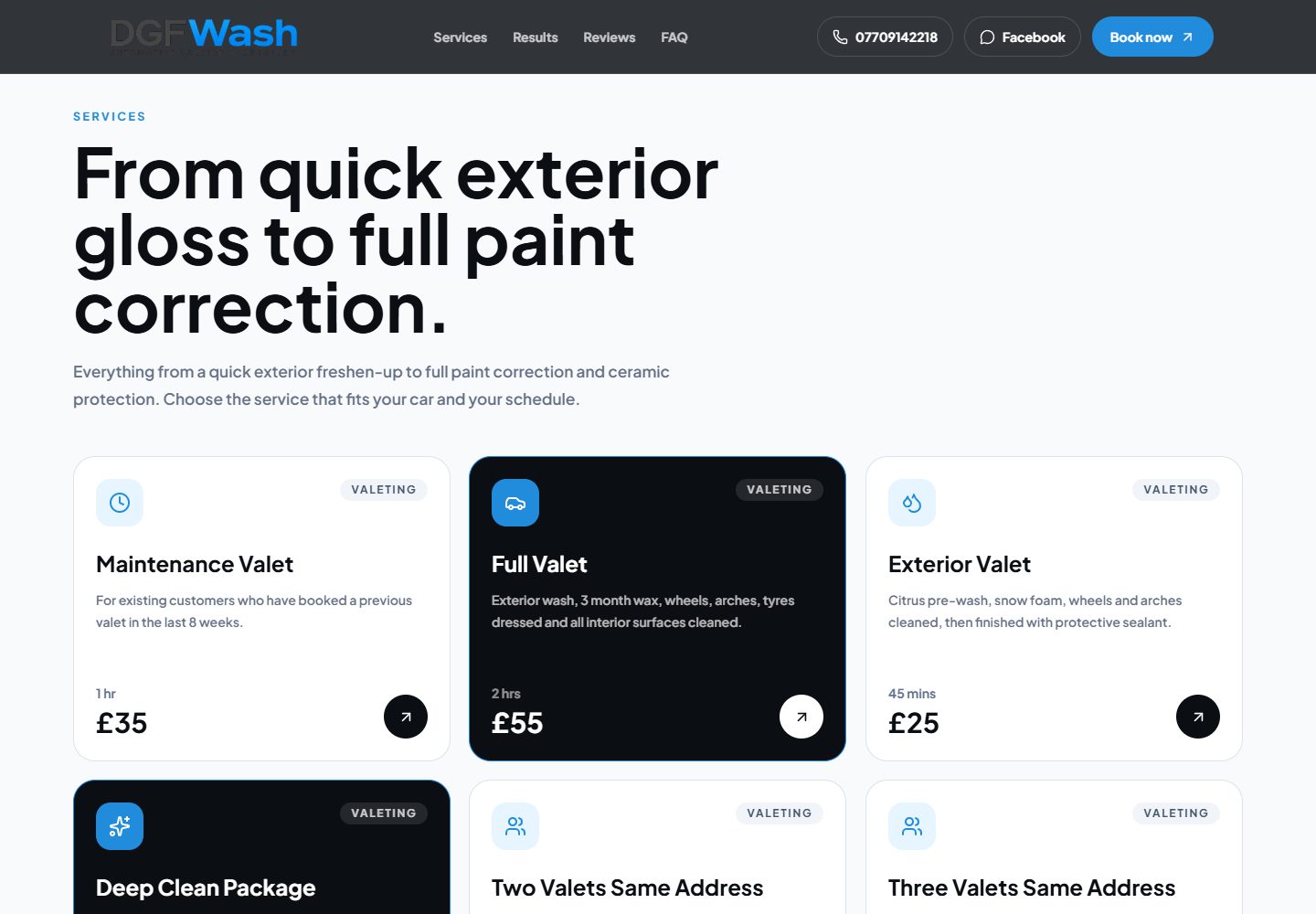 DGFwash service cards showing maintenance, full and exterior valets within a black, white and blue page design.