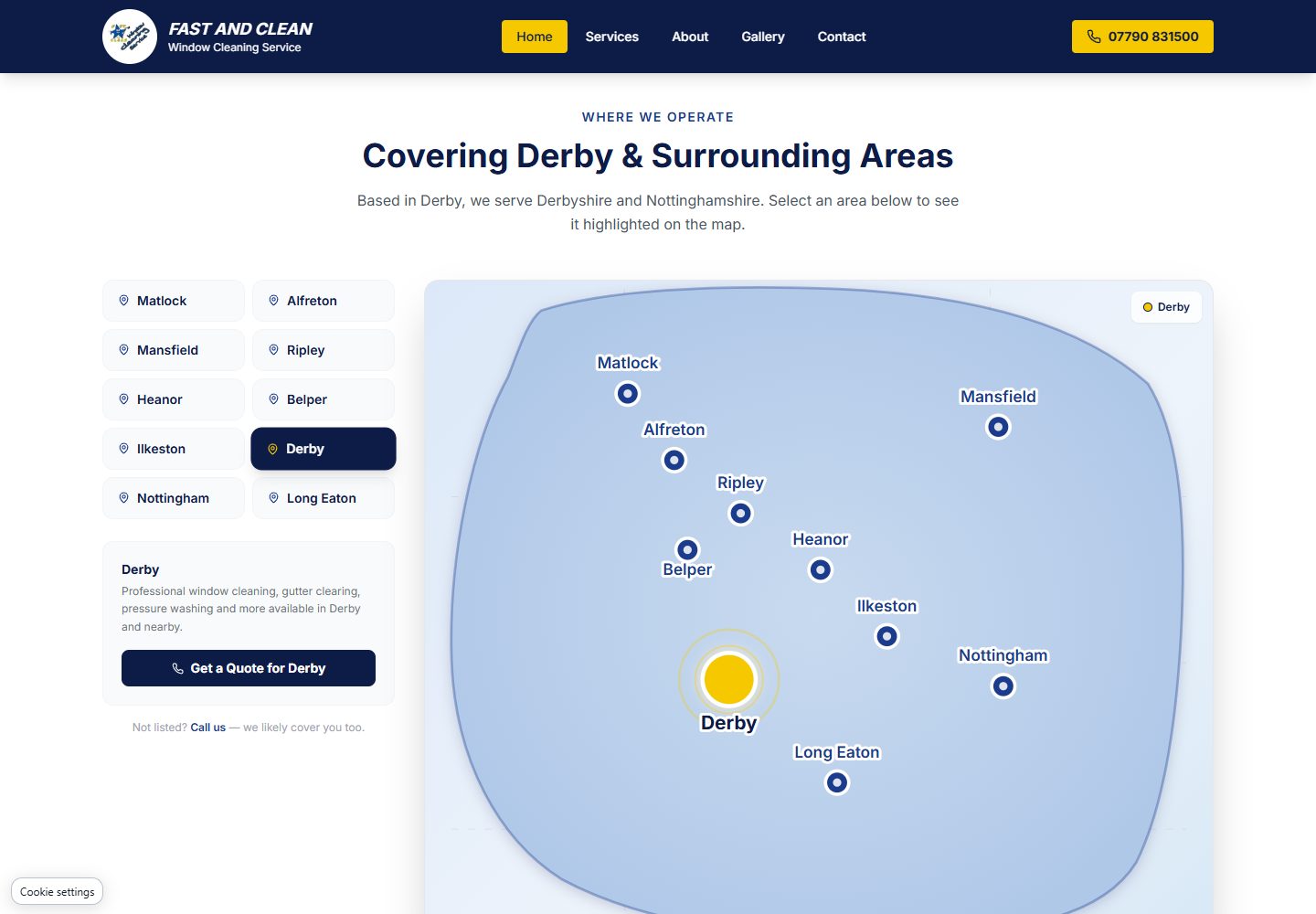 Fast and Clean coverage section showing Derby selected in the area buttons, a yellow Derby map marker and a matching quote link.