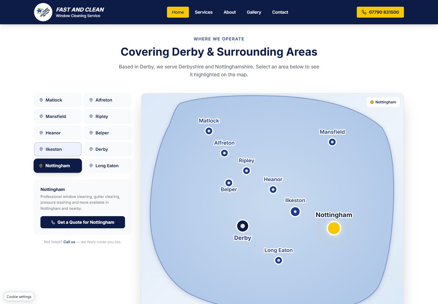 Fast and Clean’s area selector after choosing Nottingham, with Nottingham highlighted and its quote link shown alongside the map.