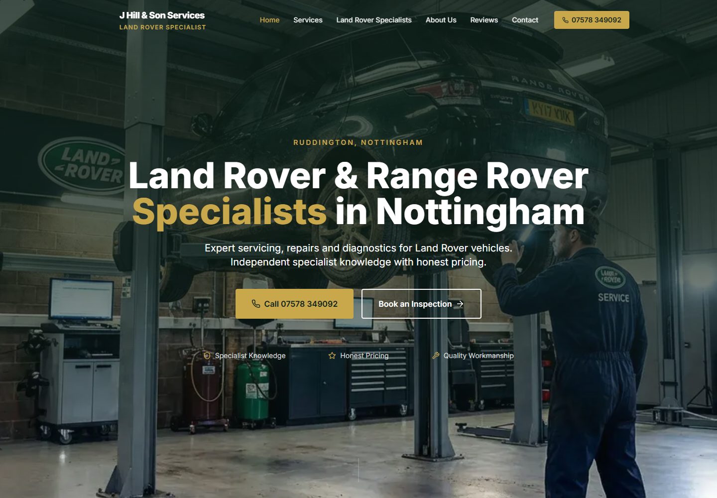 J Hill & Son homepage showing its Land Rover and Range Rover specialism, Ruddington location and service links.