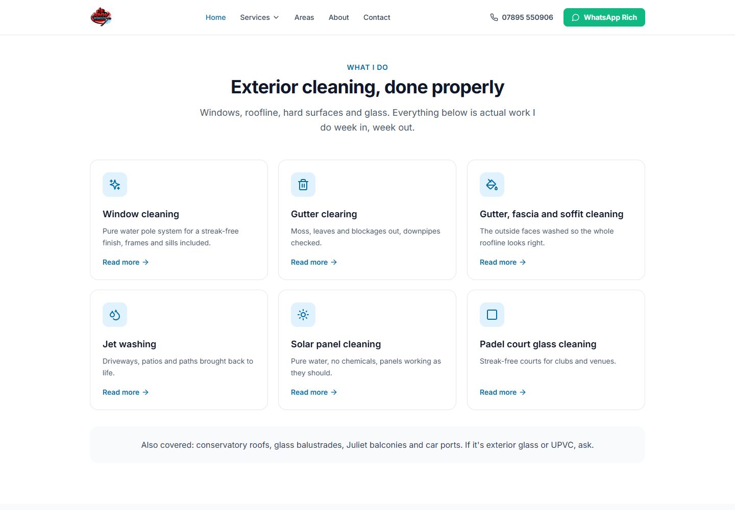 RMW Window Cleaners’ six service cards, including windows, gutters, jet washing, solar panels and padel court glass.