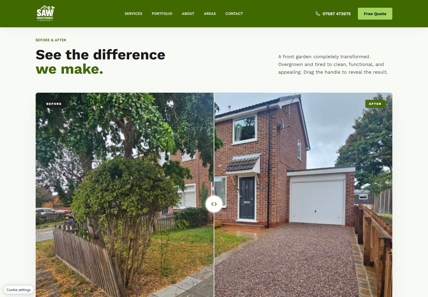 SAW Maintenance’s public before-and-after comparison of an overgrown front garden and the cleared finished space.