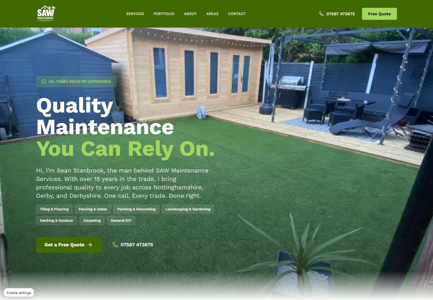 SAW Maintenance homepage introducing Sean, the trade service range and quote links over a garden project photograph.