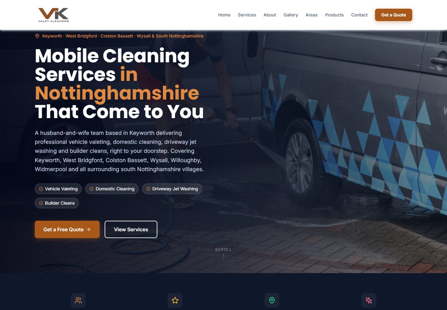 Valet Kleaners homepage introducing mobile cleaning in Nottinghamshire, with four service labels and a quote button.