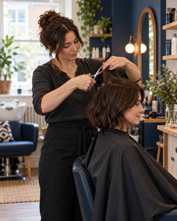 Illustrative hairdresser cutting a client’s hair in a small salon