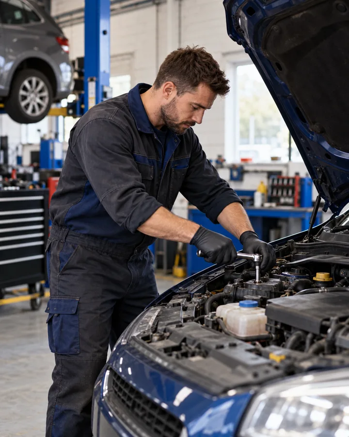 Illustrative mechanic working under a car bonnet in an independent garage